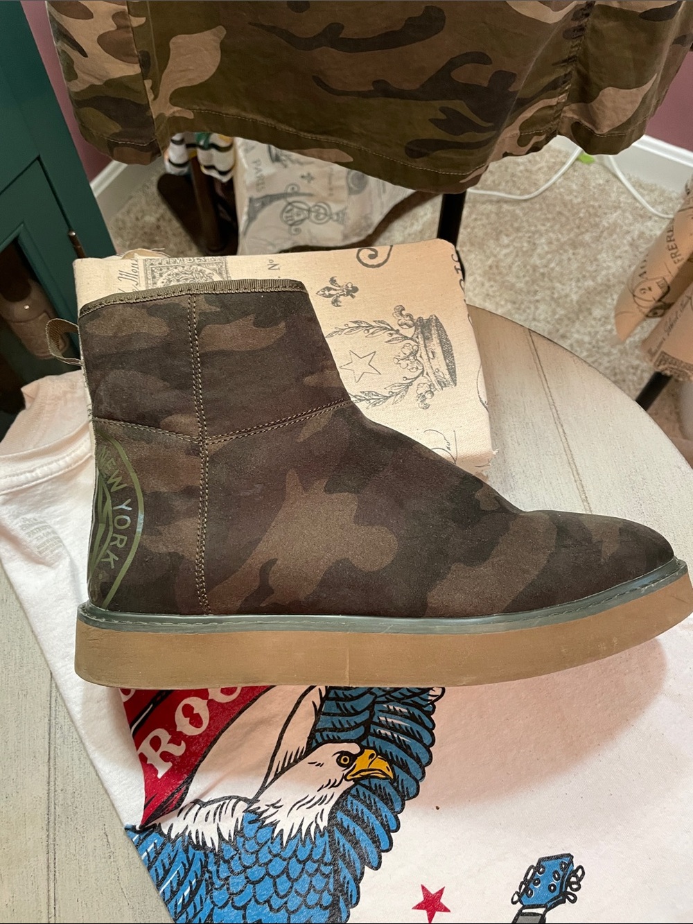 Camo Ankle Boots - Olive Brown Suede Look Donna Karan New York Unisex - Picture 2 of 9